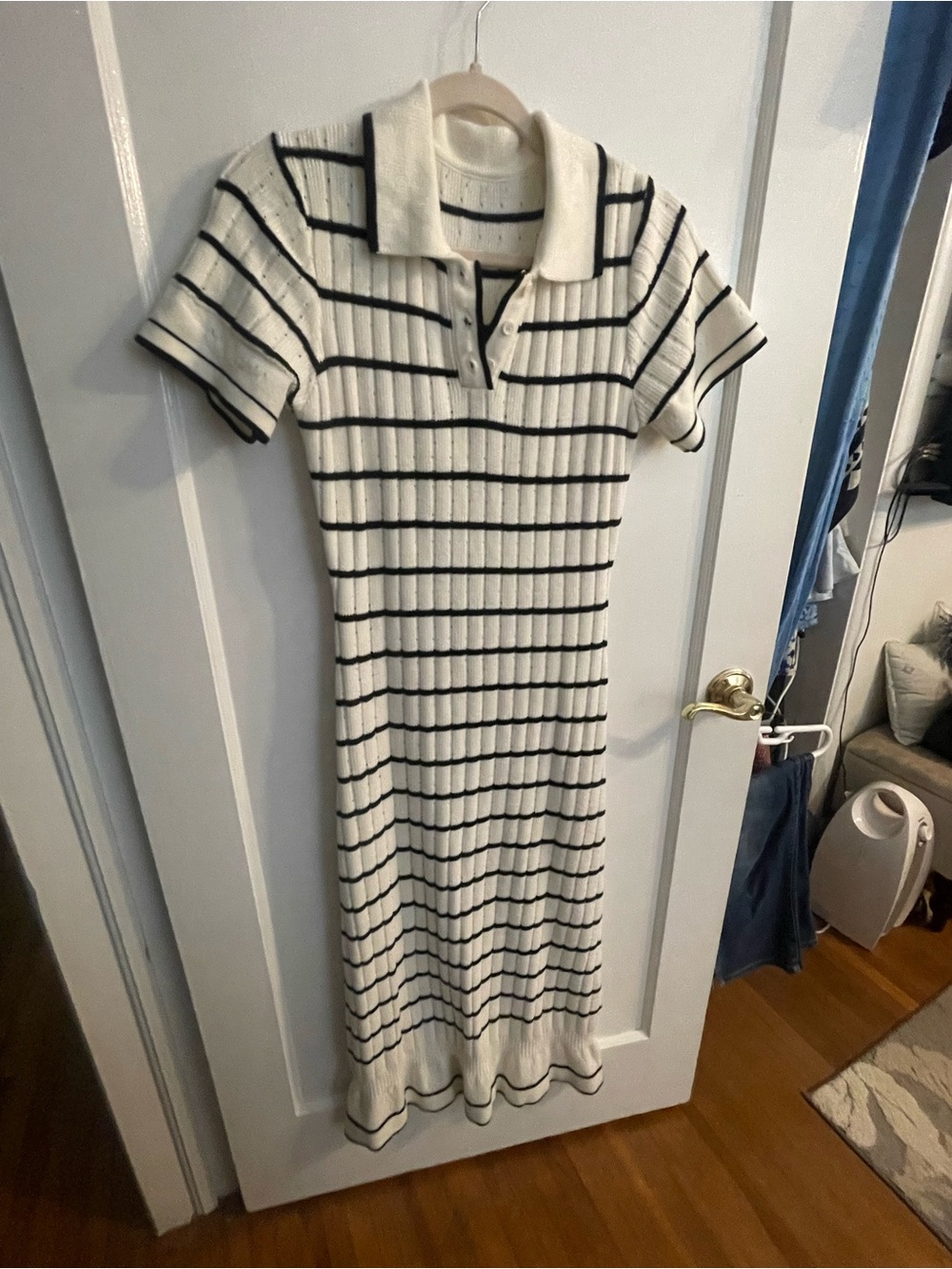 Striped Knit Polo Midi Dress in Cream and Navy with ruffled hem